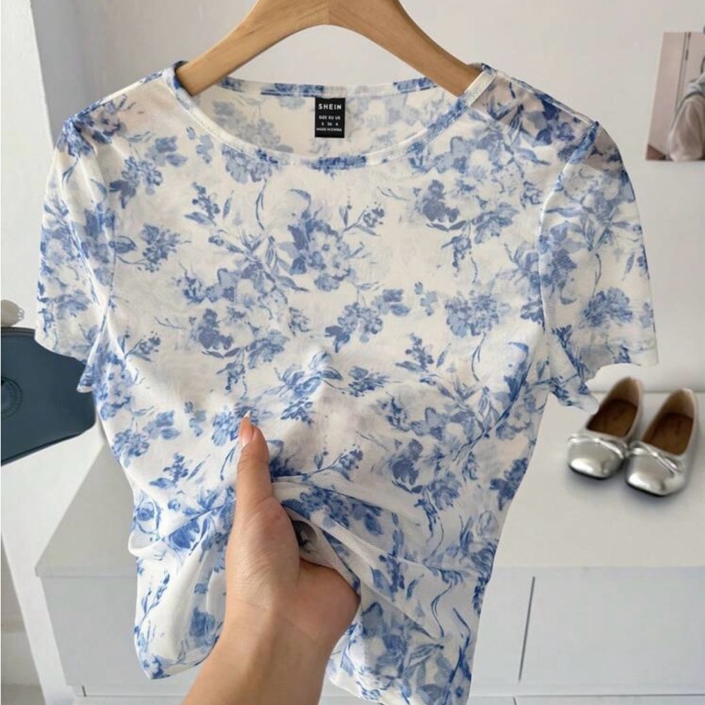 SHEIN White Tee with Blue Floral Print - Short Sleeve